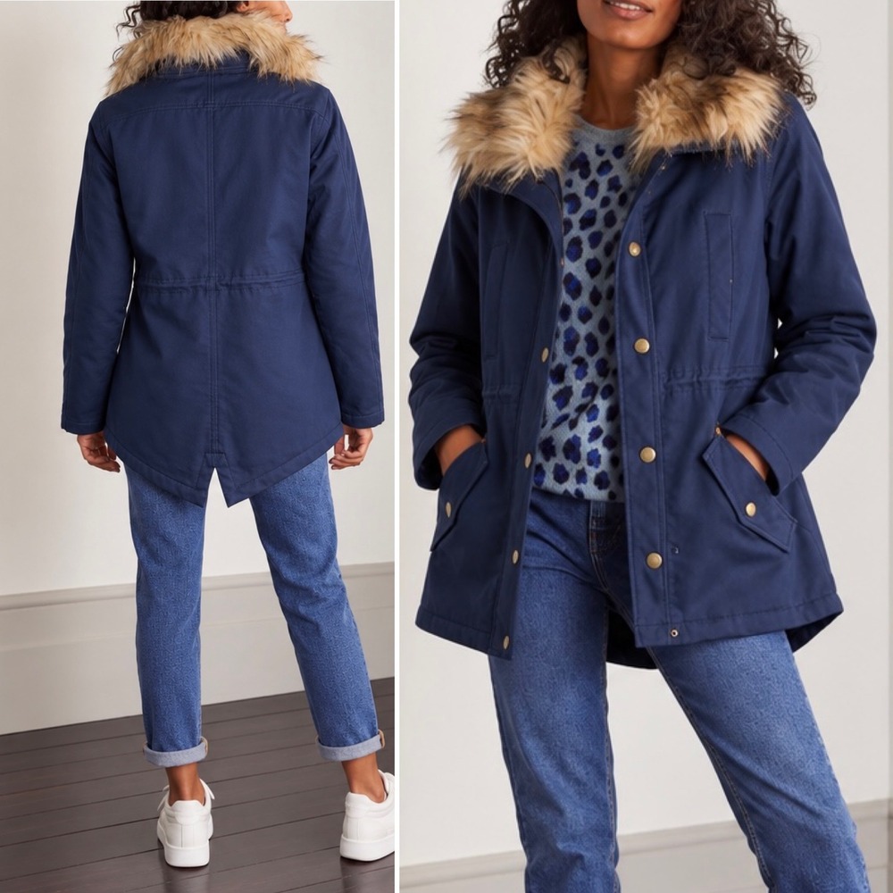 BODEN Kentwell Faux Fur Jacket Parka Jacket in Navy T0714
